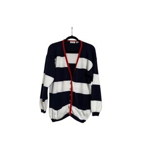 VINTAGE CHERYL TIEGS‎ NAUTICAL BLUE STRIPE ANCHOR CARDIGAN SIZE LARGE